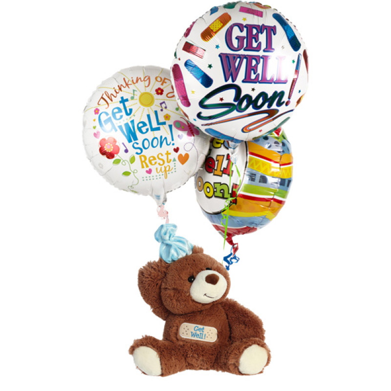 Get Well Teddy Bear with Balloons - Same Day Delivery